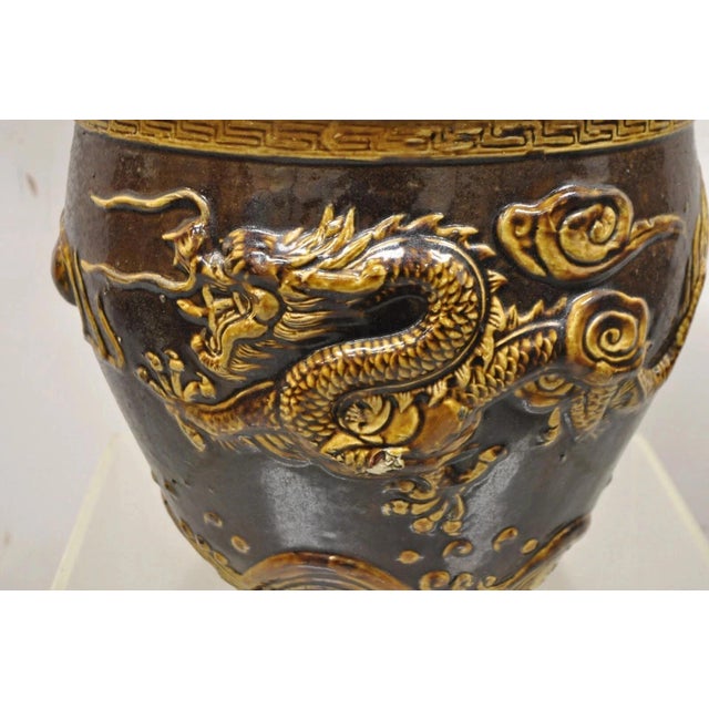 Antique Chinese Brown Glazed Ceramic Pottery Dragon Cachepot Jardinière - Pair For Sale - Image 4 of 12