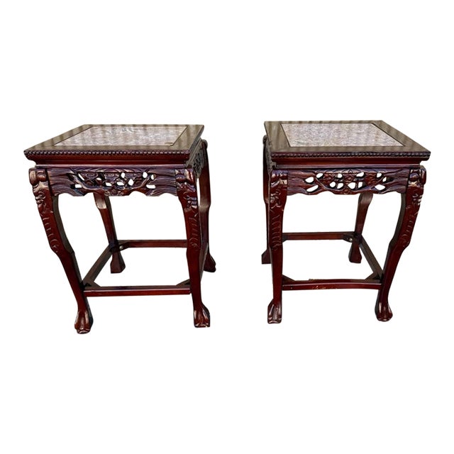 Pair of Chinoiserie Hardwood Marble Inseted Side Tables For Sale