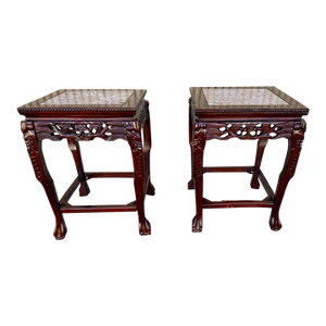 Pair of Chinoiserie Hardwood Marble Inseted Side Tables