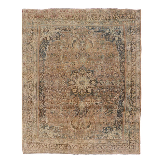 Antique Persian Bidjar Rug With Intricate Floral Medallion 8'9" X 11'5" For Sale
