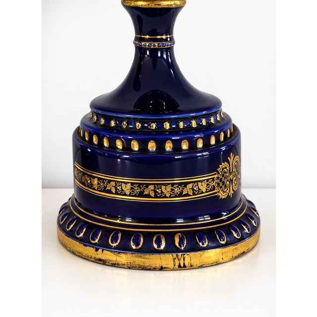 Pair of Antique Vienna Style Cobalt Blue & Gilt Porcelain Pedestal Urns, Circa 1900 For Sale - Image 11 of 13