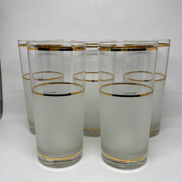 Vintage Culver Frosted and Clear Glass Drinking Glasses With Gold Trim