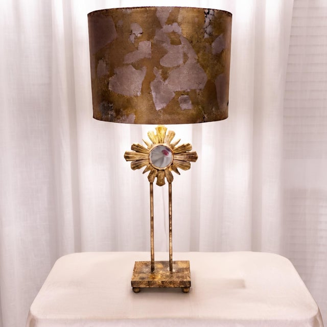 Art Deco Late 20th Century Maison Charles Style Hollywood Regency Gilded Sunburst Table Lamp, Newly Painted For Sale - Image 3 of 16