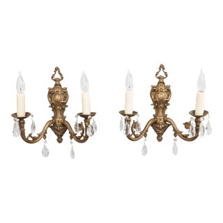 19th Century French Gilt Bronze & Crystals Wired Wall Sconces - a Pair For Sale