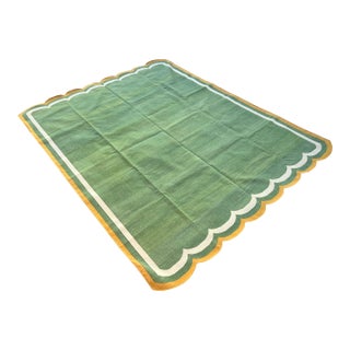 Handmade Cotton Area Scalloped Dhurrie, Moss Green, Cream and Mustard Border Rug-6'x9' For Sale