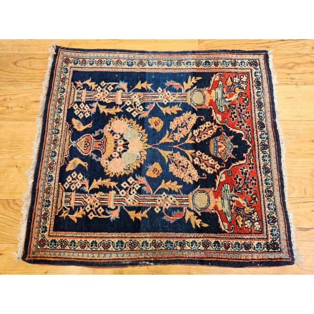 Textile Vintage Persian Kashan Pictorial Rug, Hand-Knotted Wool, Floral Vase Pattern, Navy & Red, 2x2 For Sale - Image 7 of 15