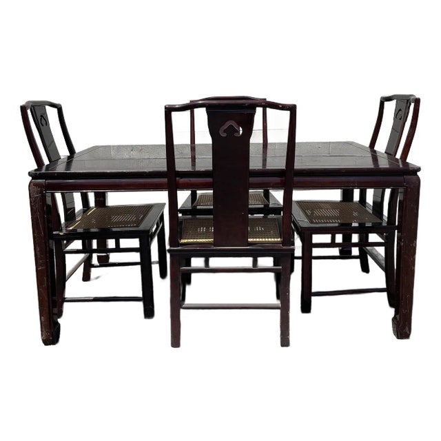 5pc Vintage Asian Dining Set Wood Cane Chinoiserie Kitchen Furniture For Sale