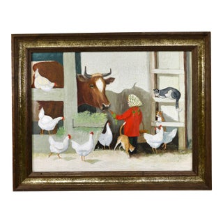 Mid-20th Century Americana Farm Scene Oil Painting on Board – Framed For Sale