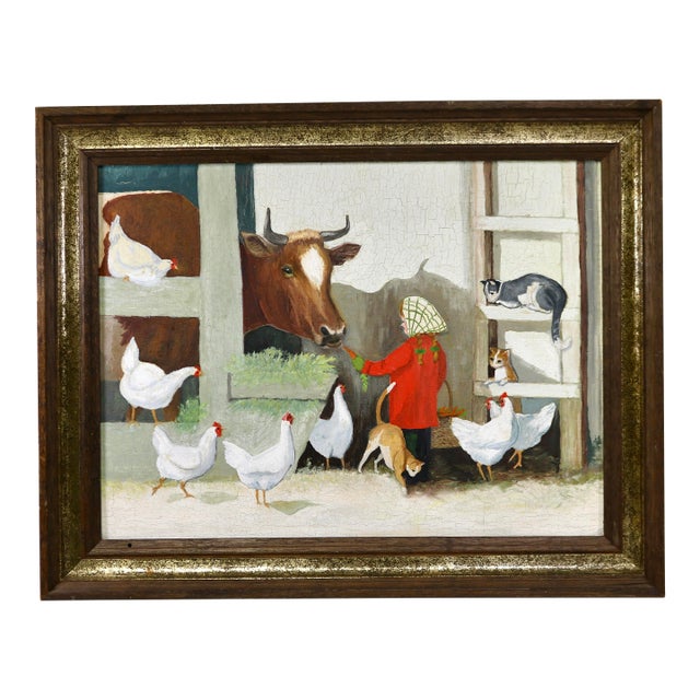 Mid-20th Century Americana Farm Scene Oil Painting on Board – Framed For Sale