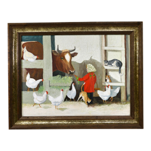 Mid-20th Century Americana Farm Scene Oil Painting on Board – Framed