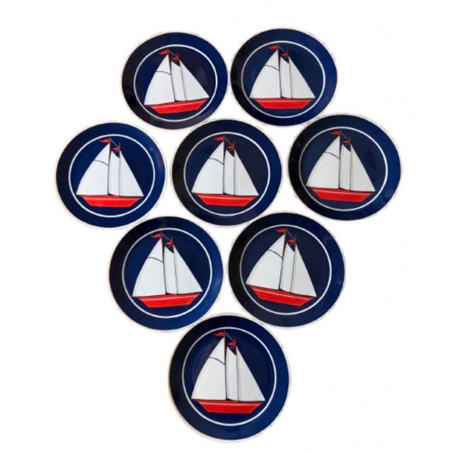 Vintage Nautical Themed Design Plates With Sailboat - Set of 8 For Sale In Miami - Image 6 of 10