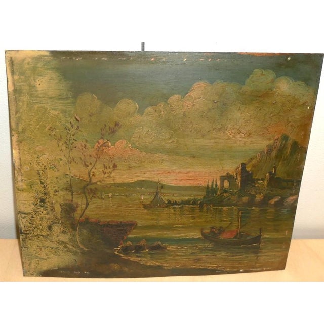 River landscape. Antique oil painting Antique oil painting on copper, 19th century The painting depicts a lake/river scene...