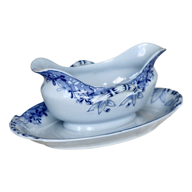 Antique Mimosa Sauceboat in Earthenware from U&C Sarreguemines For Sale