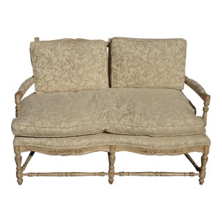 Vintage French Country Creme Ladderback Settee W Down Floral Cushion For Sale