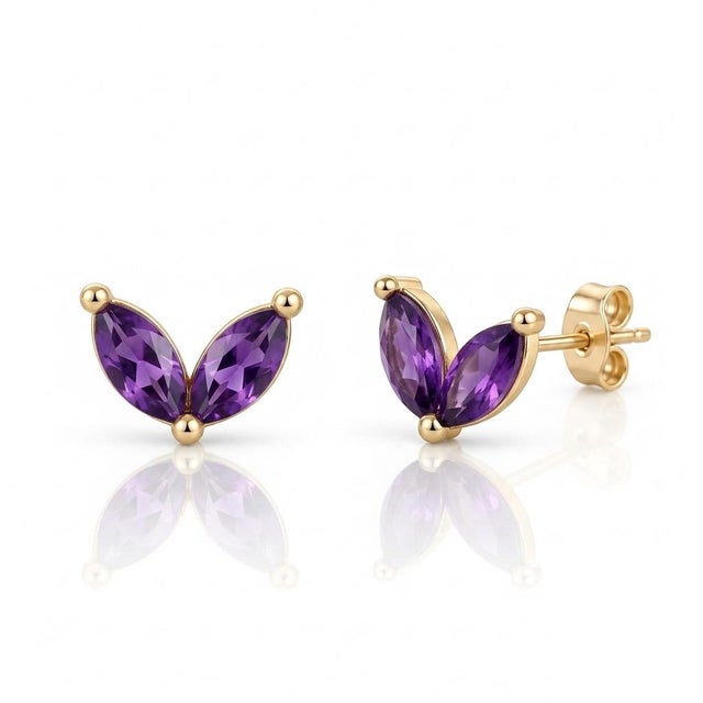 Contemporary Purple Amethyst v-Shaped Studs | Double Stone Dainty Studs | February Birthstone Studs - A Pair For Sale - Image 3 of 4