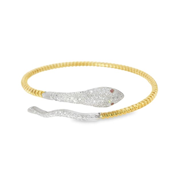 Mid-Century Modern Mid 20th Century 14k Yellow Gold Diamond Ruby Snake Bangle Bracelet Estate For Sale - Image 3 of 4