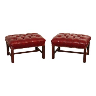 Classic Leather Chippendale Style Tufted Leather Chesterfield Ottomans - A Pair For Sale