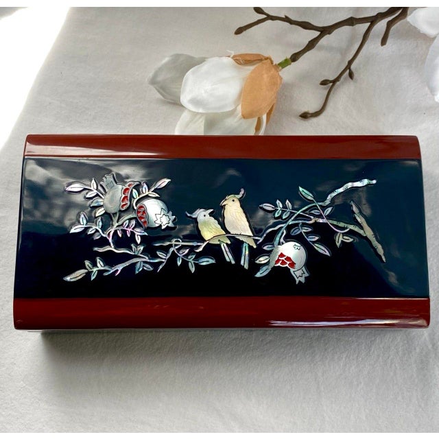Art Deco Japanese Black Lacquer Smoking Box Mother-of-Pearl Birds & Pomegranates - Mid 20th Century For Sale - Image 3 of 16