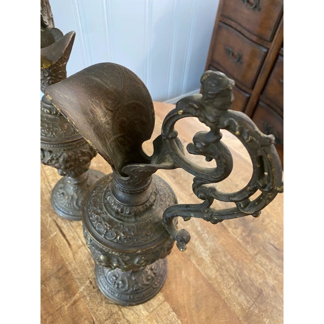 Antique Guilded Cast Brass or Bronze Ornate Renaissance Ewers / Pitchers- a Pair For Sale - Image 6 of 12