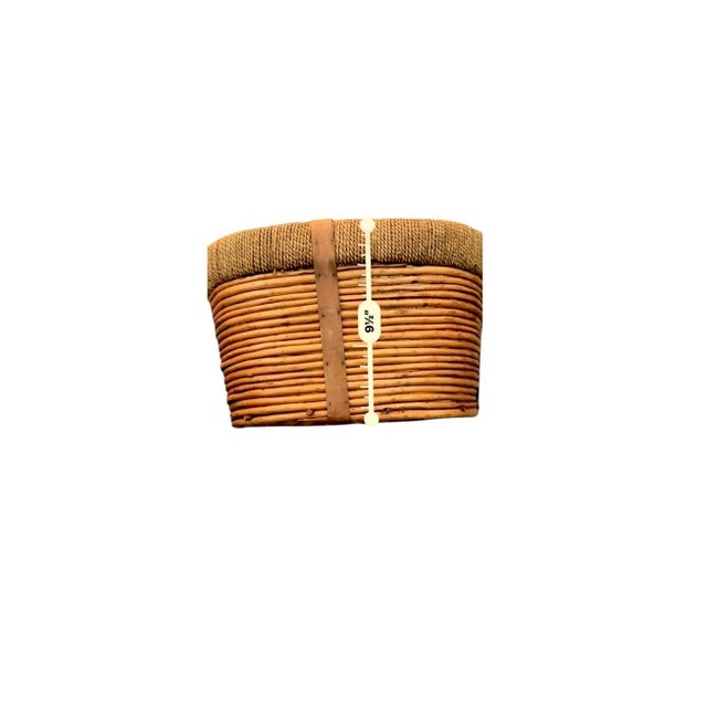 Brown Vintage Woven Oval Pencil Reed Basket W/ Rattan Rim & Wooden Straps For Sale - Image 8 of 10