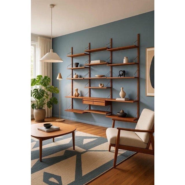 Wood Large Wall-Mounted Shelving System in Teak by Poul Cadovius for Cado, 1960s For Sale - Image 7 of 18