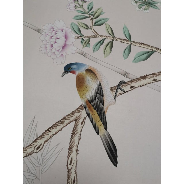 Handpainted Silk Wallpaper, Chinoiserie Birds and Bamboo, Chinoiserie Handmade Wallpaper Mural - Set of 4 For Sale - Image 11 of 12