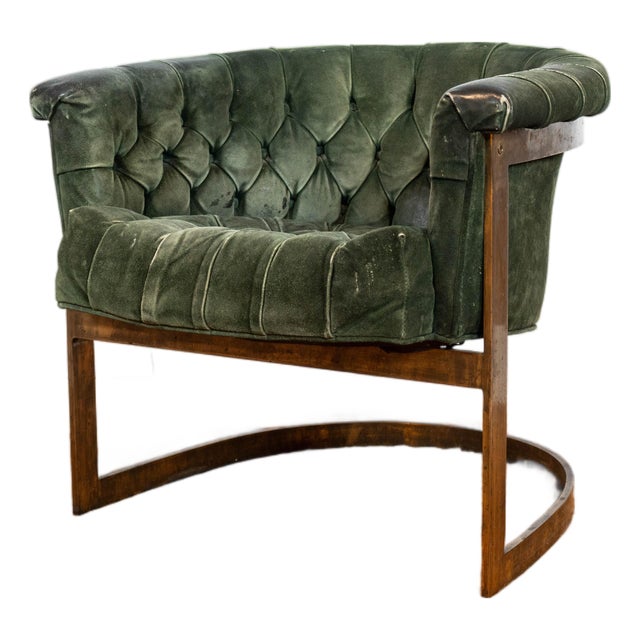 Vintage 1980s Milo Baughman Attr. Forest Green Suede & Bronze For Sale