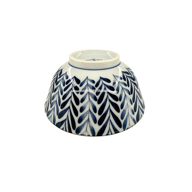 Ceramic Japanese Hand Painted Blue & White Porcelain Soup Bowls With Botanical Leaf Pattern - Set of 6 For Sale - Image 7 of 10