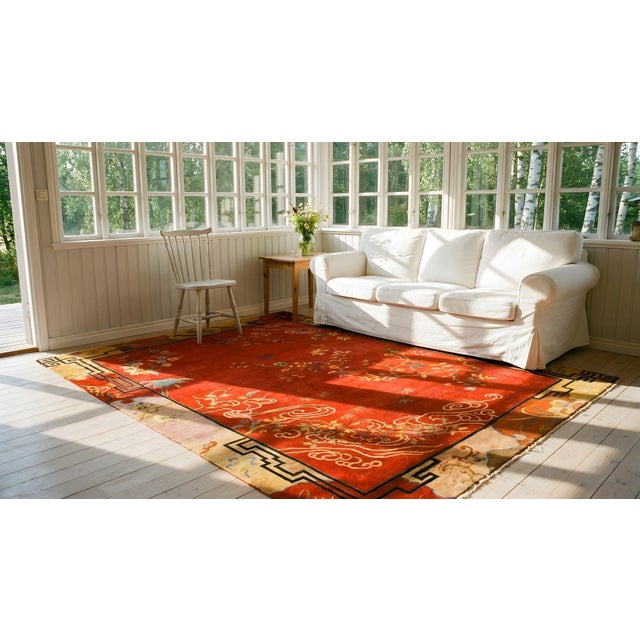 Great Orange Terra Cotta Color With Superb Florid Design Antique Chinese Art Deco Rug For Sale - Image 15 of 15
