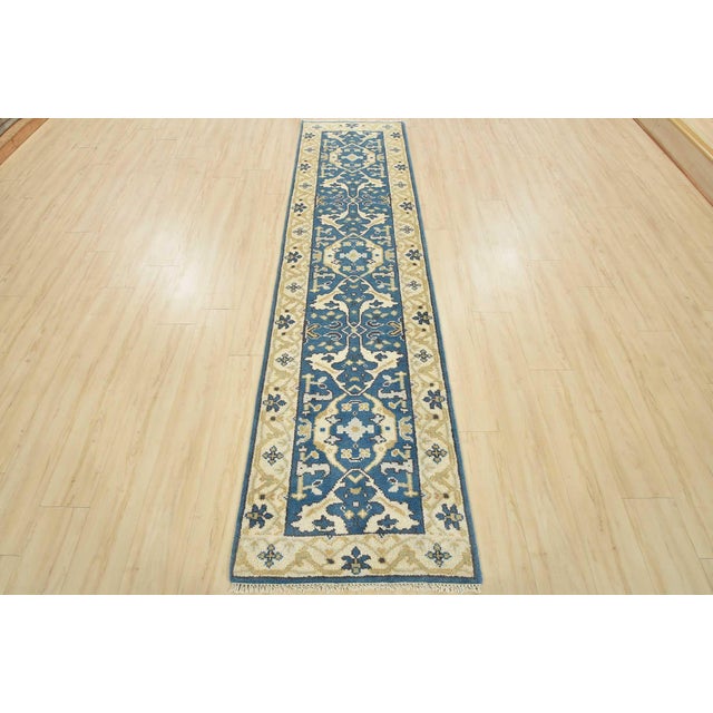 Tribal Oushak Runner 2’7” X 9’11” Blue Wool Tribal Hand-Knotted Oriental Rug For Sale - Image 3 of 13