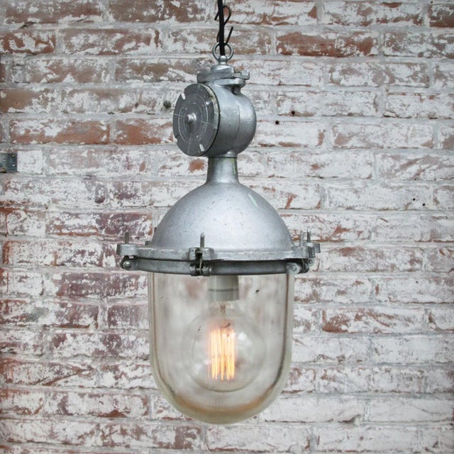 Vintage Industrial Silver Metal and Clear Glass Pendant Lights, 1950s For Sale - Image 6 of 7