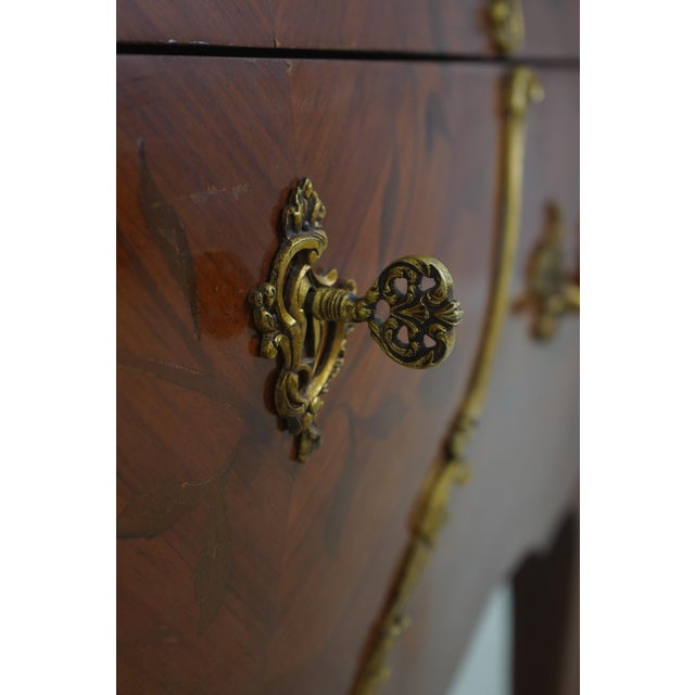 Vintage Louis XV Style Marquetry Bombe Marble Top Commode For Sale - Image 13 of 18