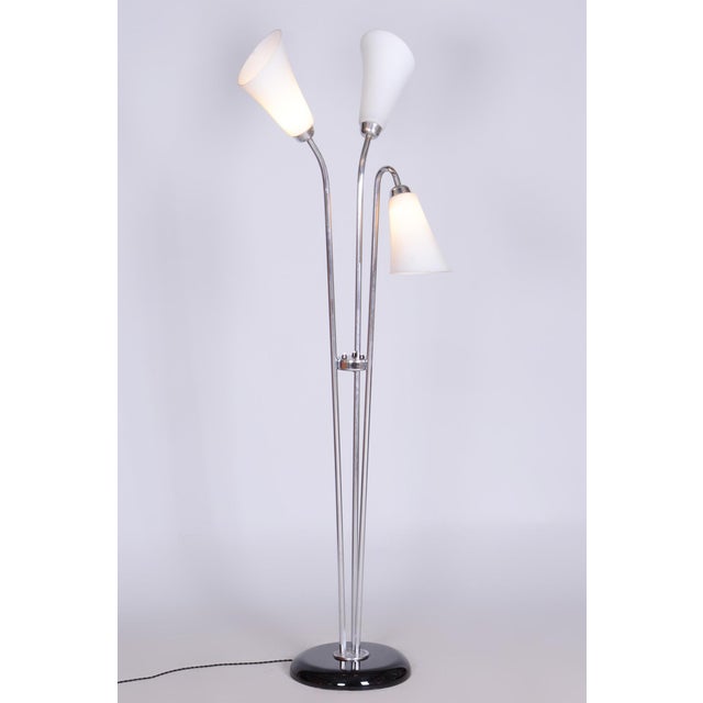 Czech Art Deco Floor Lamp in Chrome, Opal Glass and Lacquered Wood, 1930s For Sale - Image 3 of 15