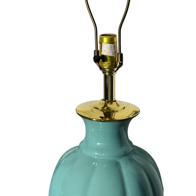 1970s 1970s Blue-Green Ginger Jar Table Lamps With Brass Accents - a Pair For Sale - Image 5 of 7