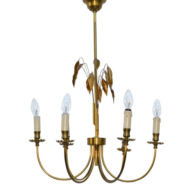 Maison Charles Style Feuilles Gold Leaf & Brass 6-Light Chandelier France 1960 For Sale