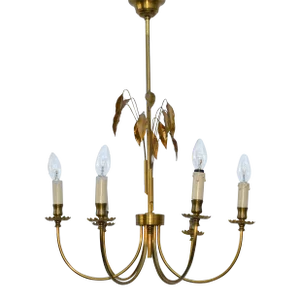 Maison Charles Style Feuilles Gold Leaf & Brass 6-Light Chandelier France 1960