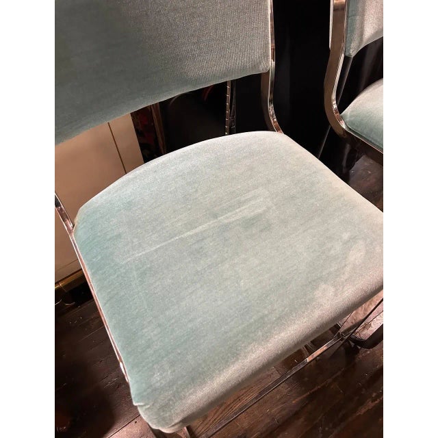 Bottle Green 1980s Set of 6 Mid-Century Bar Stools With Aqua Mohair Upholstery and Chrome Bases For Sale - Image 8 of 14