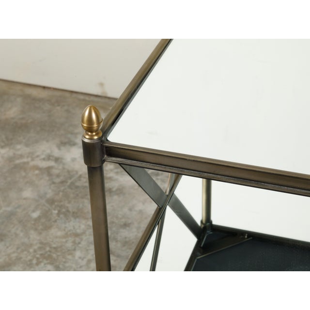 Italian Midcentury Patinated Metal Trolley with Mirrored Shelves and Casters For Sale - Image 9 of 10
