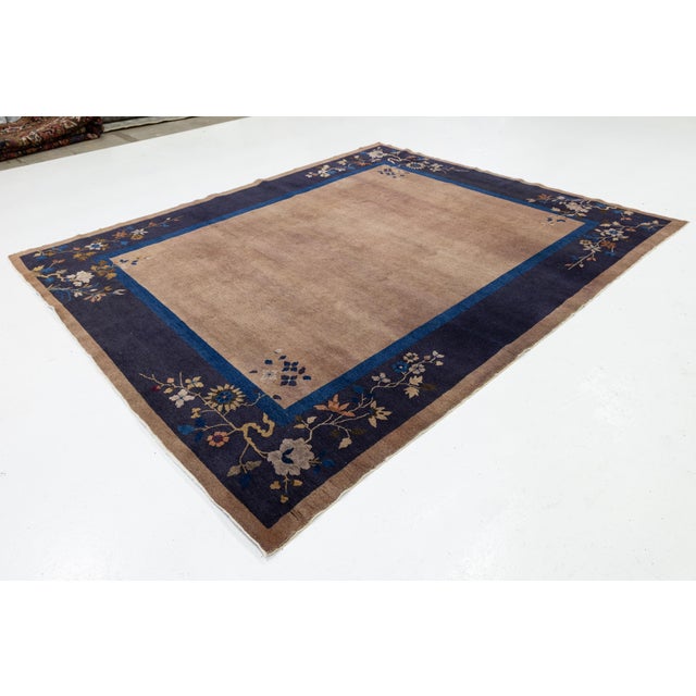 Antique Chinese Art Deco Rug Navy & Taupe Floral Wool 8x10 For Sale - Image 9 of 10