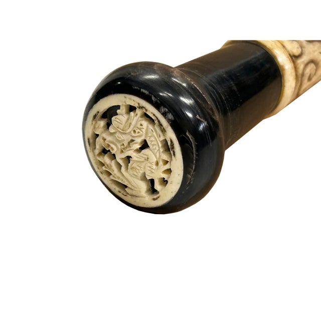 Vintage Chinese Monk Lohon Engraved Motif Bone Color Resin Inset Walking Stick For Sale - Image 12 of 12