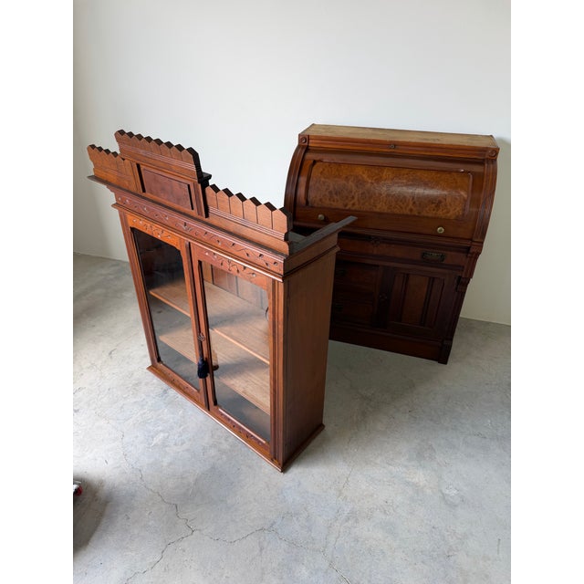Antique Eastlake Victorian Carved Mahogany Secretary Bookcase With Burl Wood Roll-Top Desk For Sale - Image 12 of 12
