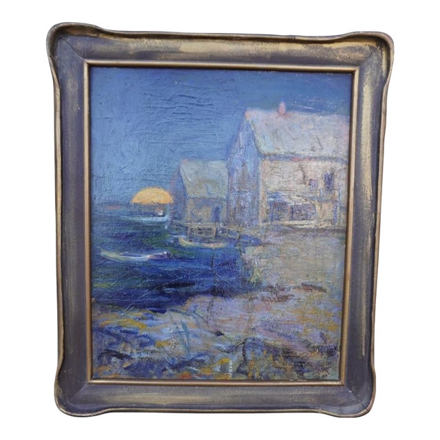 Lucy Scott Bower (1864-1934) Moonlit Harbor Oil on Board For Sale