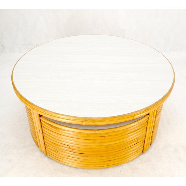 Mid-Century Modern round reed coffee - dinette dining or game table w/ nesting benches stools chairs mint. The four stools...