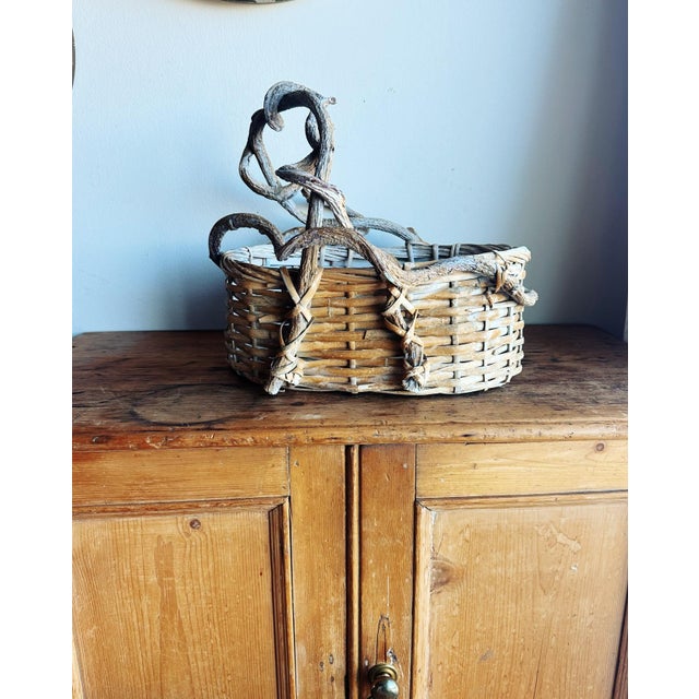 Vintage Twig Handle Basket Woven Oval For Sale - Image 12 of 12