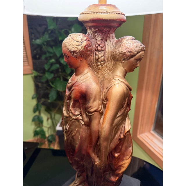 1950 Hollywood Regency Gold Bronze Tone "Three Graces" Heavy Lamp. Purple Silk Shade. Base 34”x12”. Shade 10”x16”. Style of Tony Duquette For Sale - Image 11 of 11