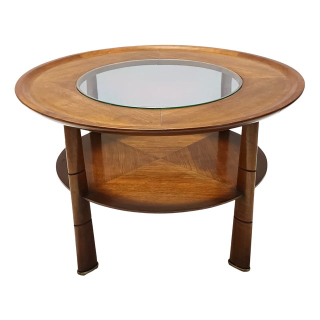 Round Walnut and Crystal Coffee Table attributed to Paolo Buffa, Italy, 1940s For Sale