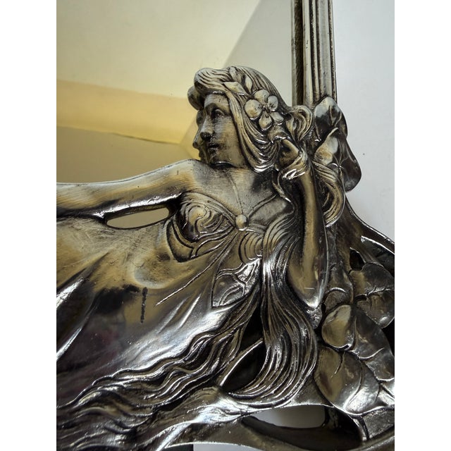 Vintage Art Nouveau Style Figural Lady Silver Finish Table or Wall Mirror For Sale In Los Angeles - Image 6 of 12