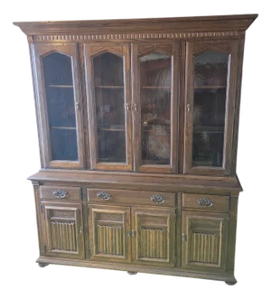 1970s Ethan Allen Jacobean Charter Oak Breakfront China Cabinet Hutch Display