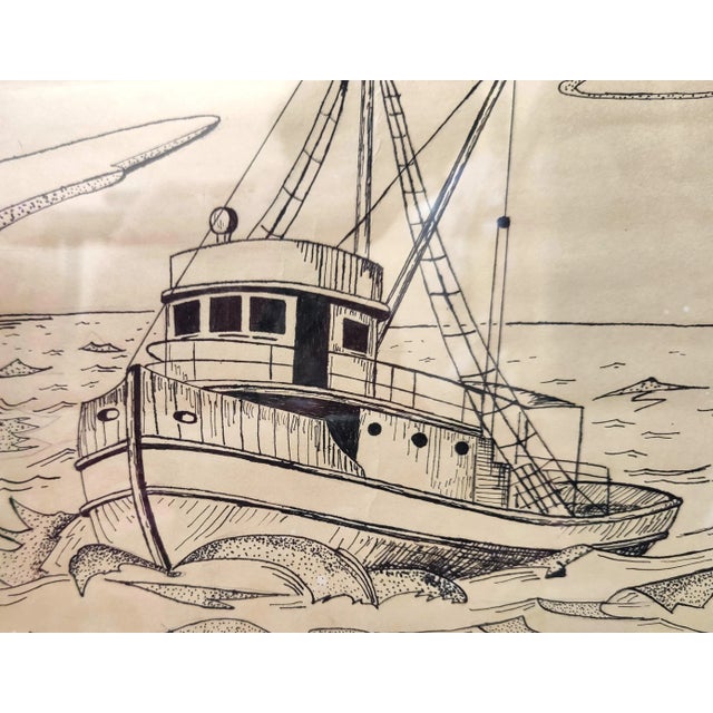 Pen and Ink Drawing Fishing Boat Nautical Art Framed | Chairish