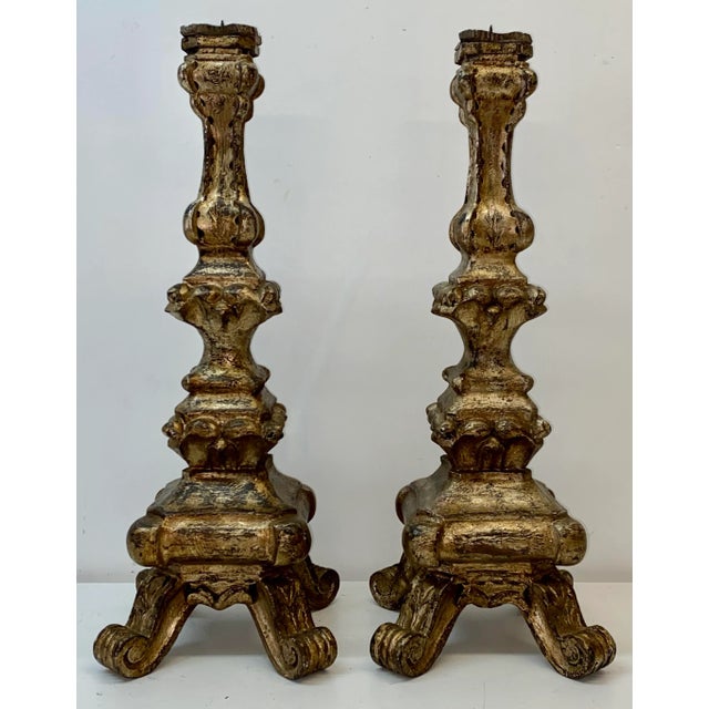 Mid 20th Century Venetian Style Carved Silver Tone Gilt Wood Prickets - a Pair For Sale - Image 10 of 10